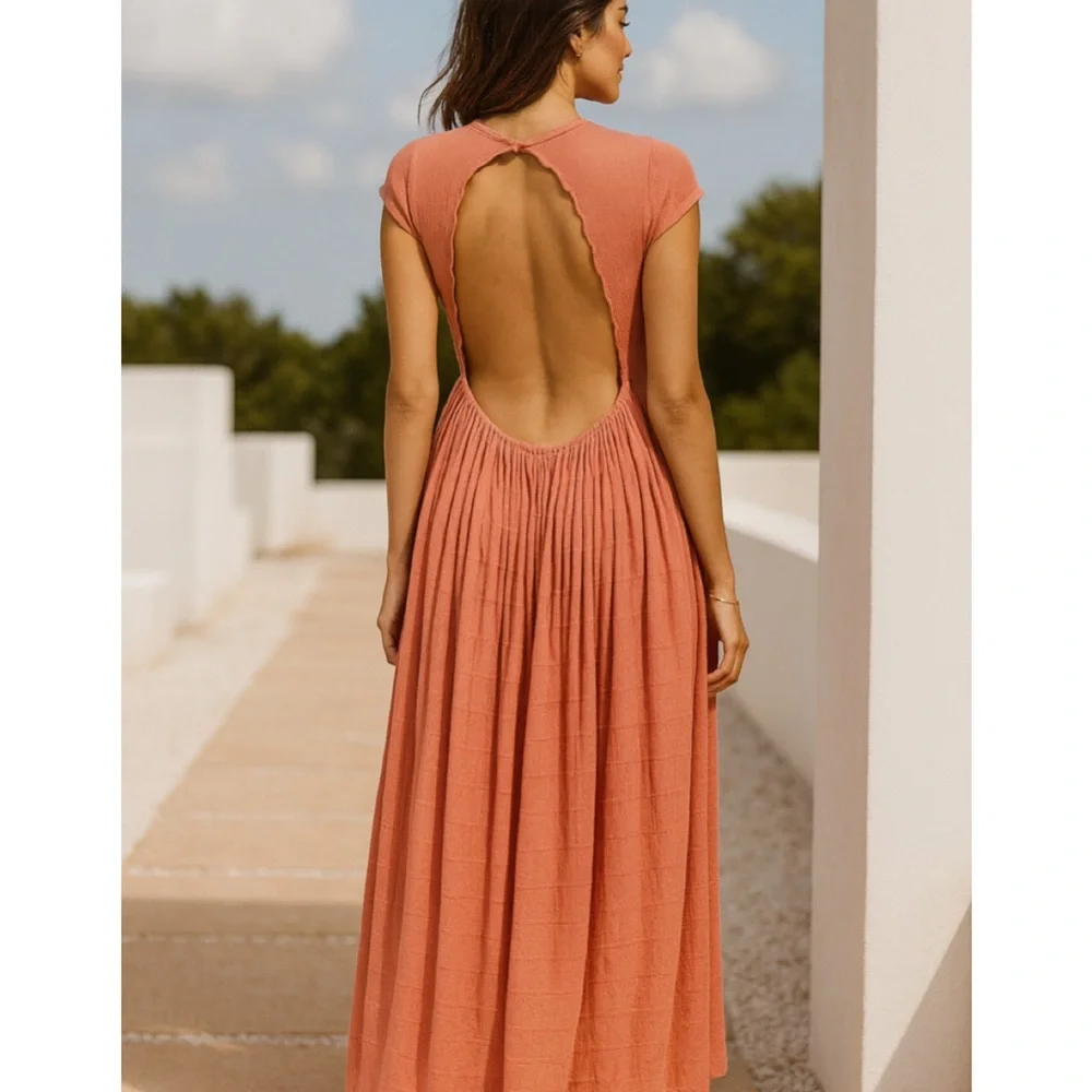 NWT Free People x Revolve Coral Open Back Short Sleeve High Slit Maxi Dress M - Picture 4 of 10